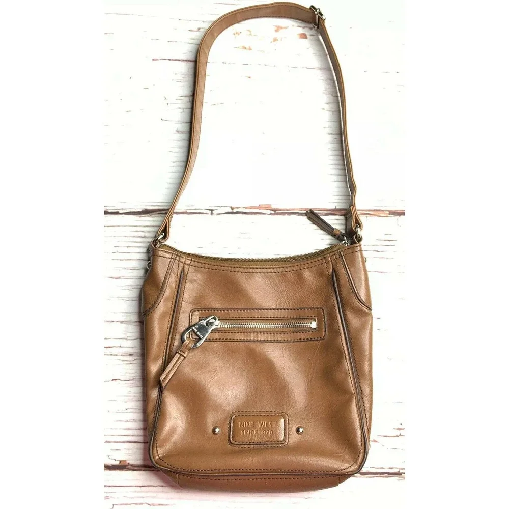 Retro NINE WEST Brown‎ Faux Leather Purse Medium Lined Zip Cognac Shoulder Bag